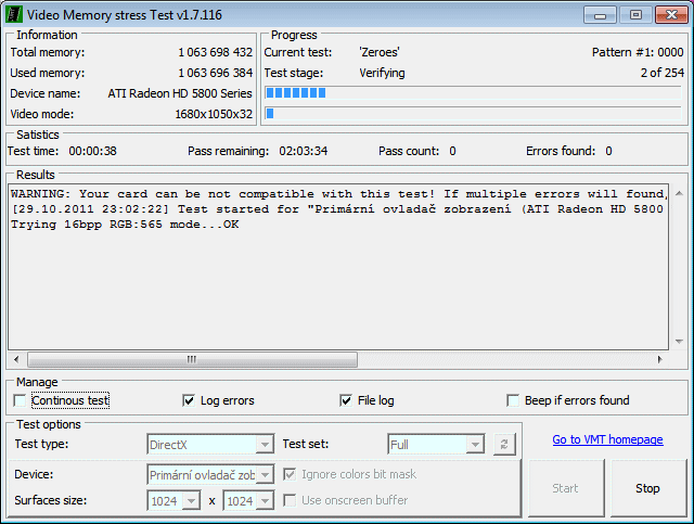 Video Memory stress Test screenshot