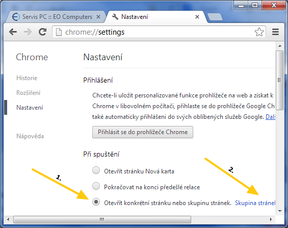 Nastavení domovské stránky Google Chrome