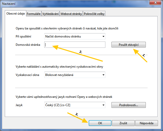 Nastavení domovské stránky v Opeře